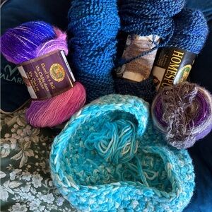 Mixed Yarn Lot with Blues, Turquoise & Purple. Shawl in a ball and homespun